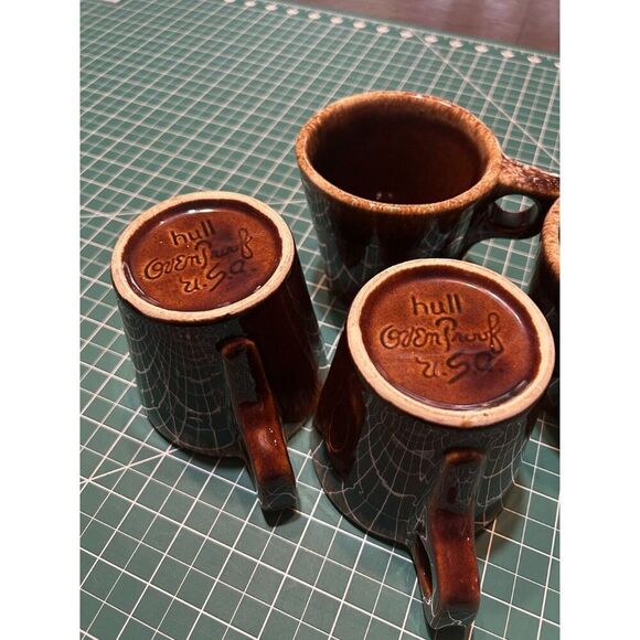 Vintage Hull Oven Proof USA Coffee Mugs Set Of 4 Brown Glazed Ceramic Retro Kitc - Picture 2 of 2